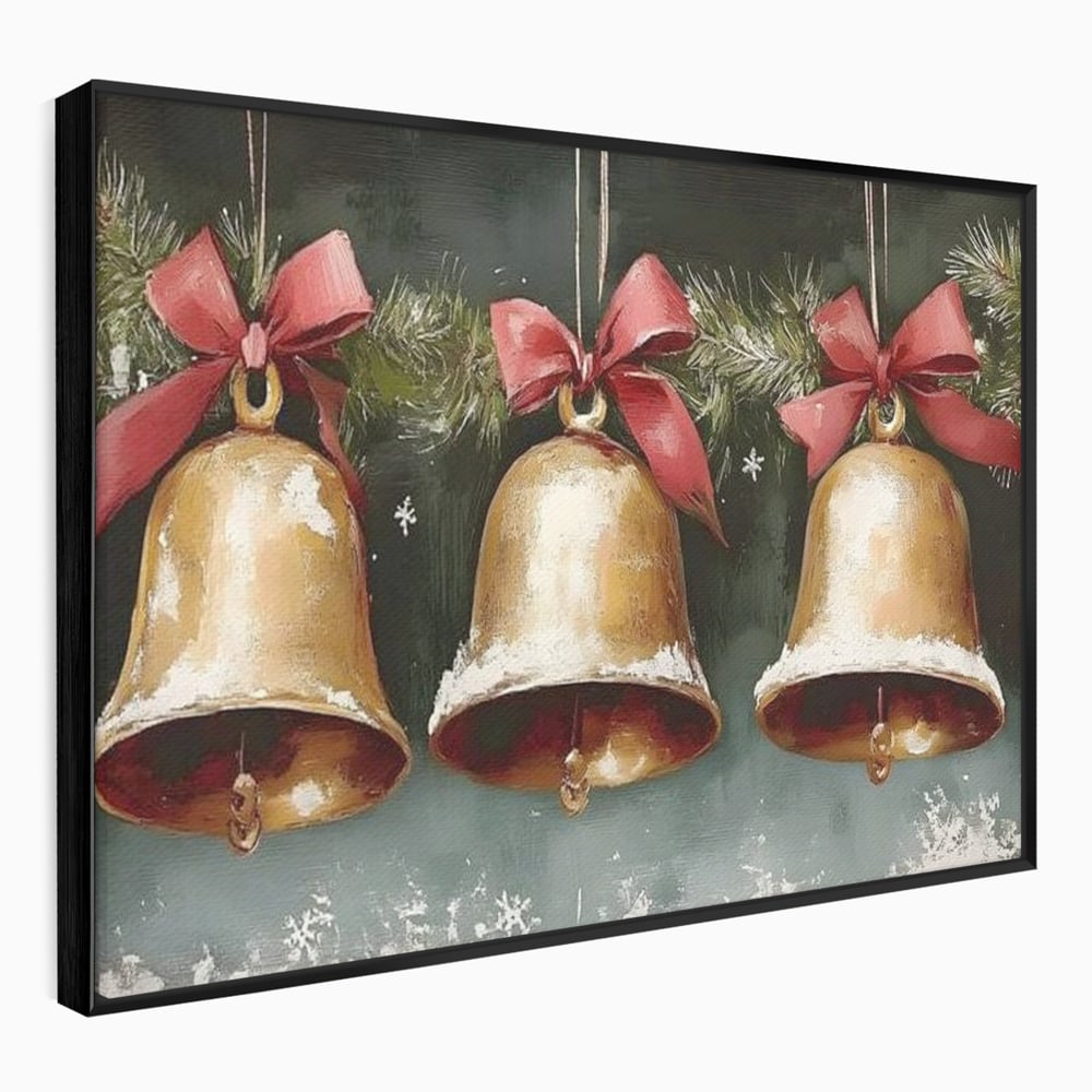 Tablou canvas cu pictura cu clopote aurii de craciun, in rama de aluminiu negru